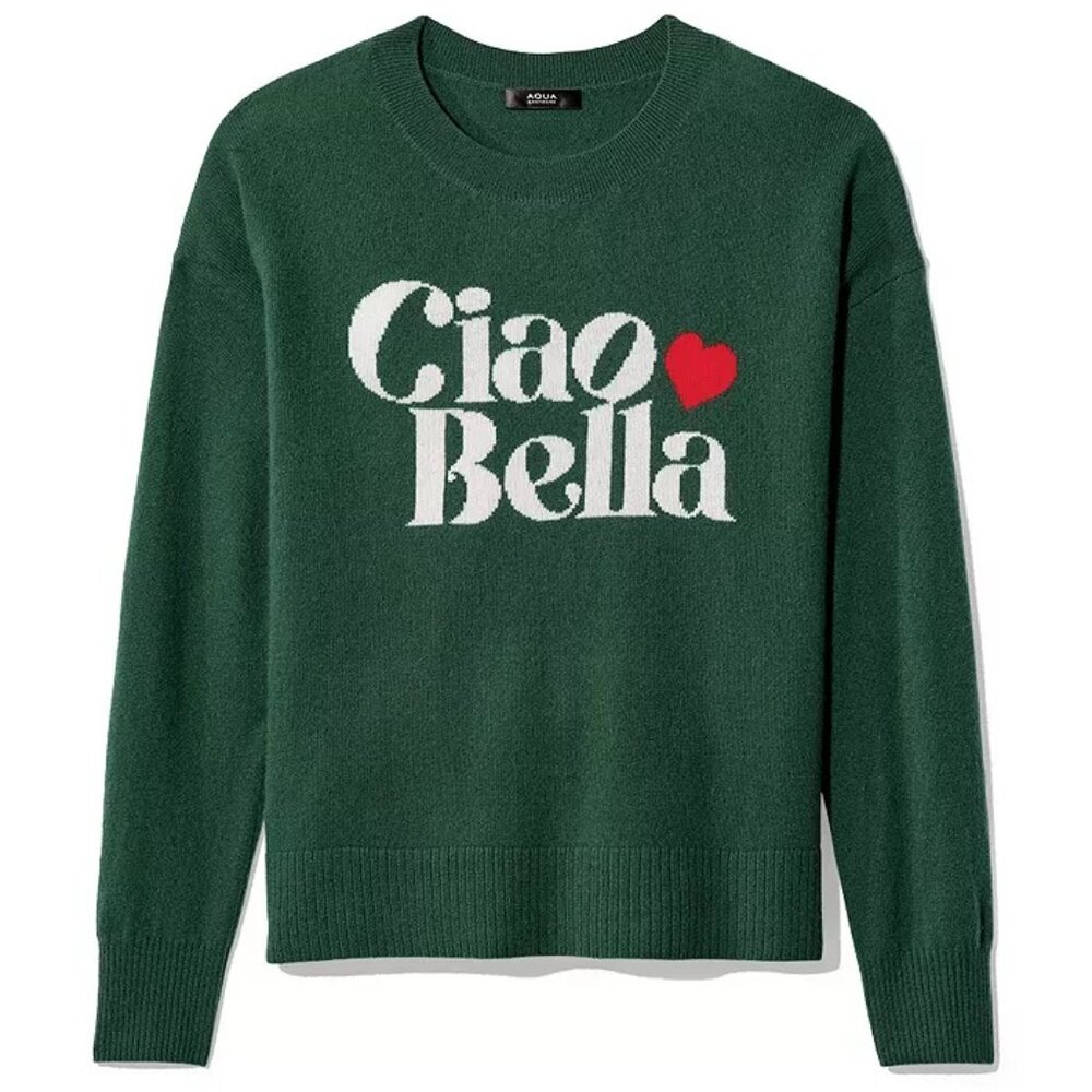 AQUA Cashmere “Ciao Bella” Crewneck Sweater NWT XL – Green, 100% Cashmere - Picture 2 of 8